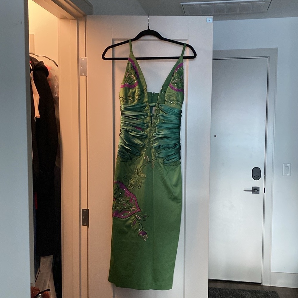 Mandalay green silk cocktail dress Sharon Stone wedding guest women